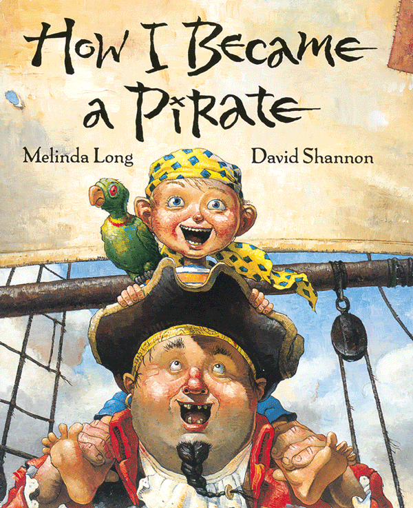 Pirate holds child and parrot on ship.