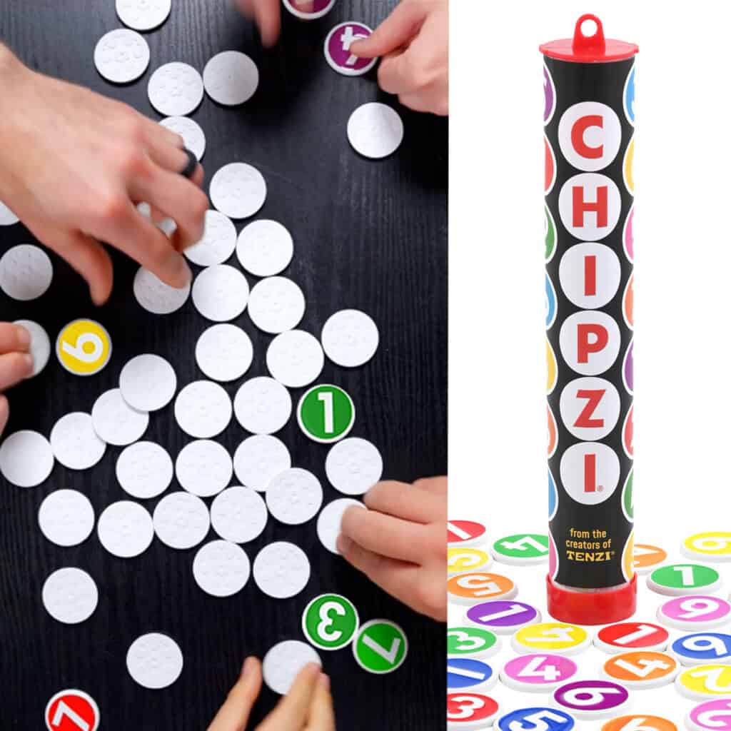 Hands playing Chipz game with colorful numbered pieces.