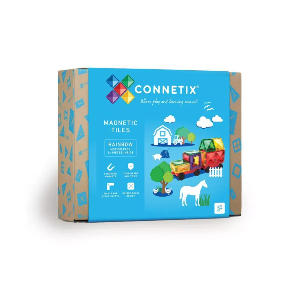Connetix magnetic tiles rainbow motion pack box.