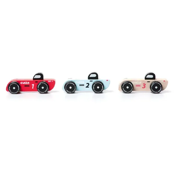 Three toy race cars, numbered 1, 2, 3.