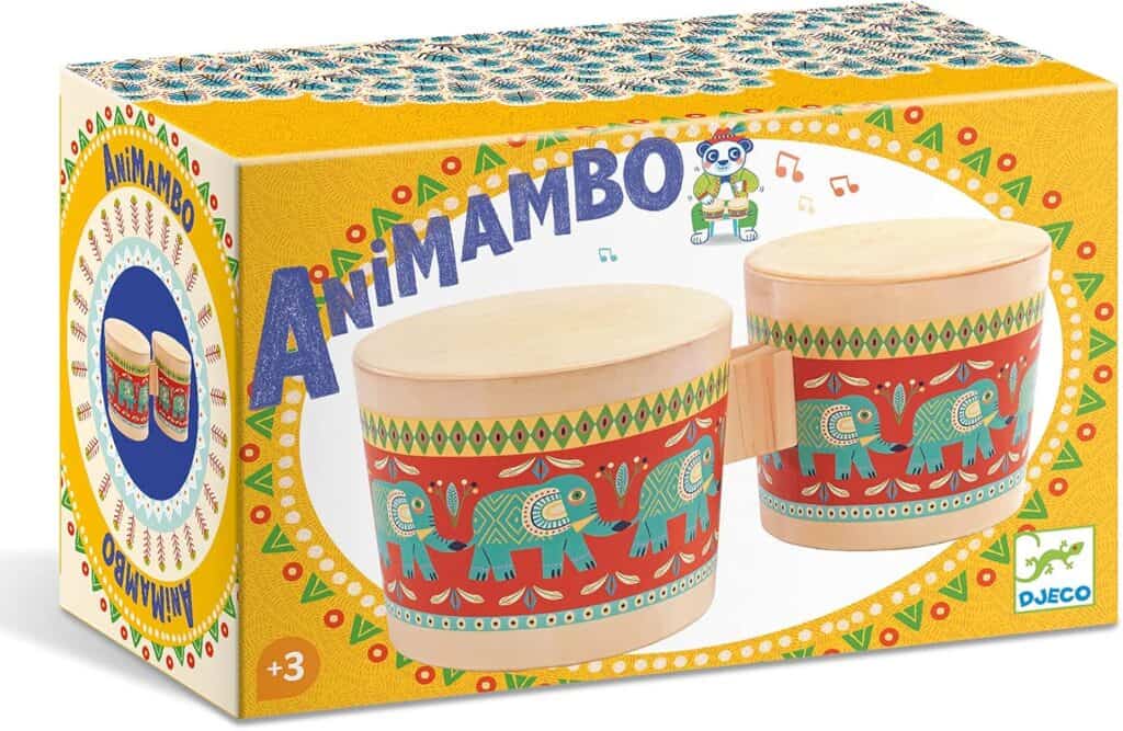 Children's elephant-themed wooden drum toy set, vibrant design.