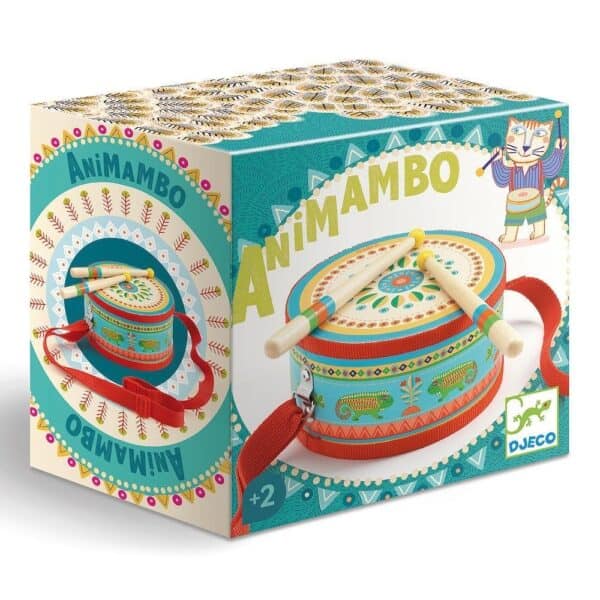 Animambo children's toy drum with sticks and design.