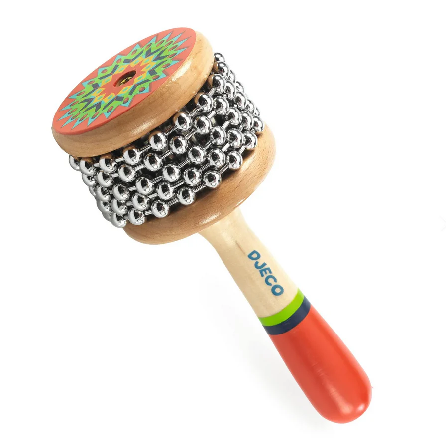 Colorful wooden musical instrument, hand percussion cabasa.
