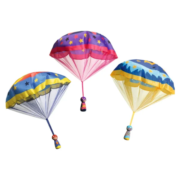 Colorful toy parachutes with superhero figures attached.