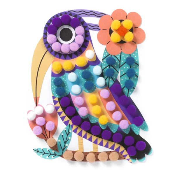 Colorful craft owl with pom-poms and leaves.