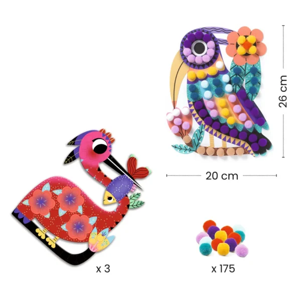 Colorful bird craft kit with pom-poms.