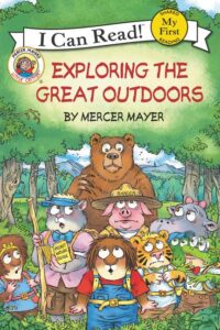 Children's book cover, animals exploring outdoors.