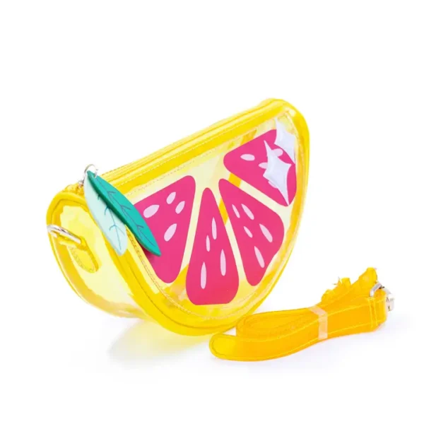 Yellow lemon-shaped crossbody bag with pink details.
