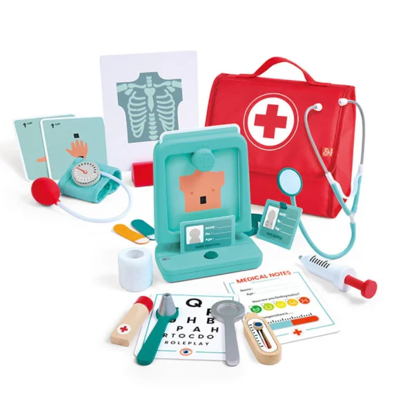 Children's doctor kit with medical tools and bag.