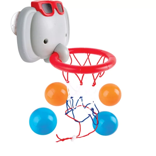 Elephant-themed toy basketball hoop with colorful balls.