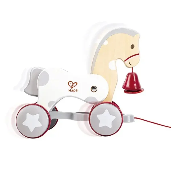 Hape wooden horse pull toy with bell and wheels.
