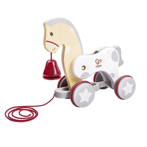 Wooden toy horse with pull string and bell.