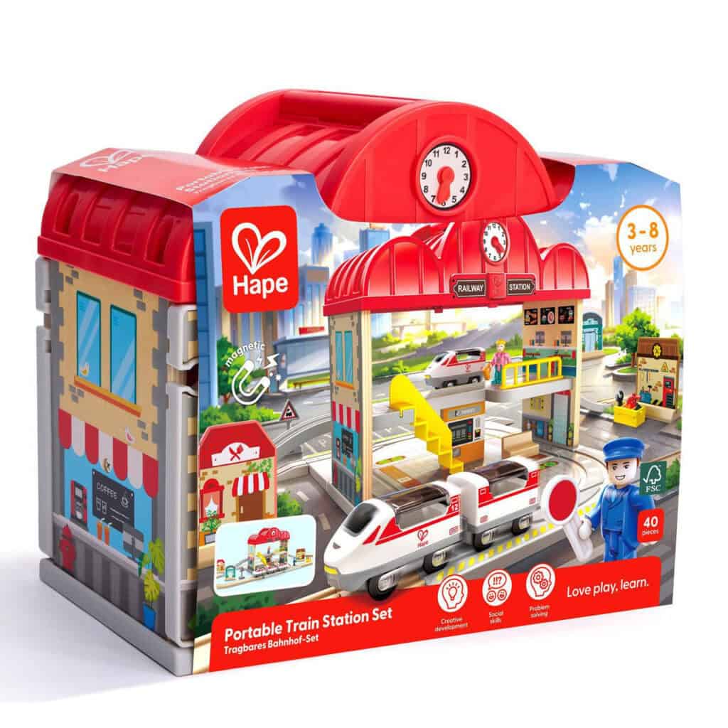 Hape portable train station set for kids.