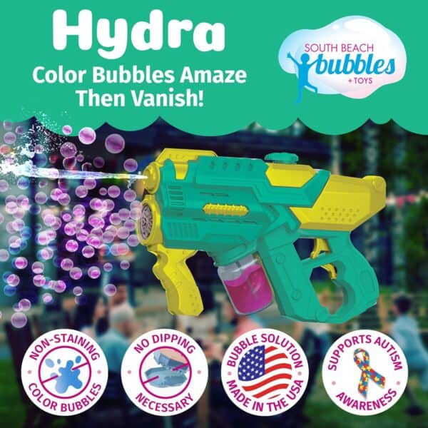 Hydra colorful bubble gun with autism awareness support.