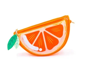 Orange slice-shaped pencil case with leaf zipper pull.