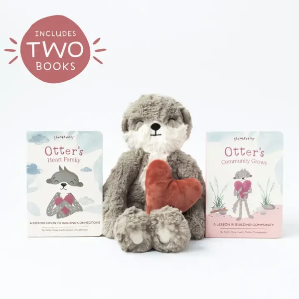 Plush otter with heart, two children's books bundled.