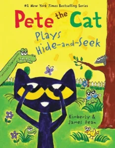 Pete the Cat playing hide-and-seek in garden.