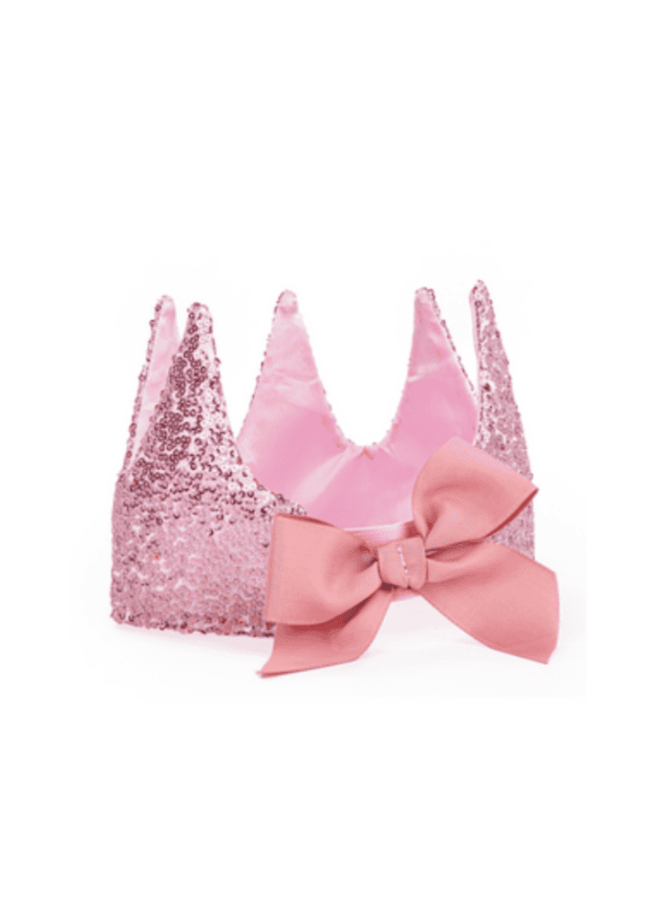 Pink sequin crown with large pink bow.