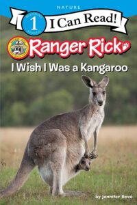 Kangaroo with joey in pouch, nature reading book cover.