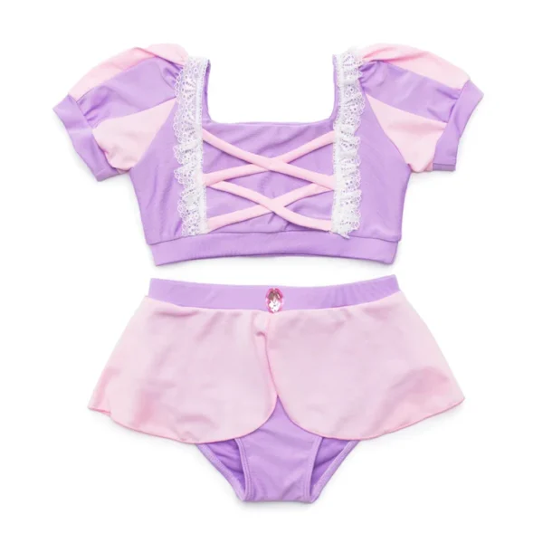Purple and pink lace-trimmed two-piece swimsuit.