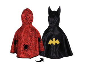 Reversible superhero costumes for kids, red and black.