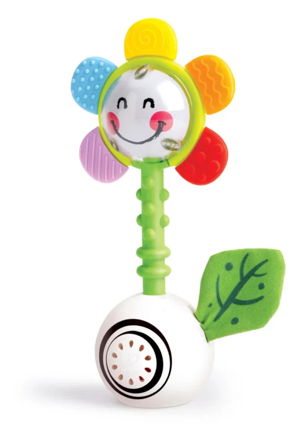 Colorful flower-shaped baby rattle toy with happy face.
