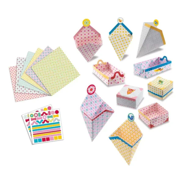 Colorful origami paper and decorated geometric boxes setup.