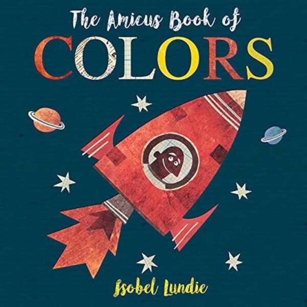 Colorful book cover with rocket and stars.