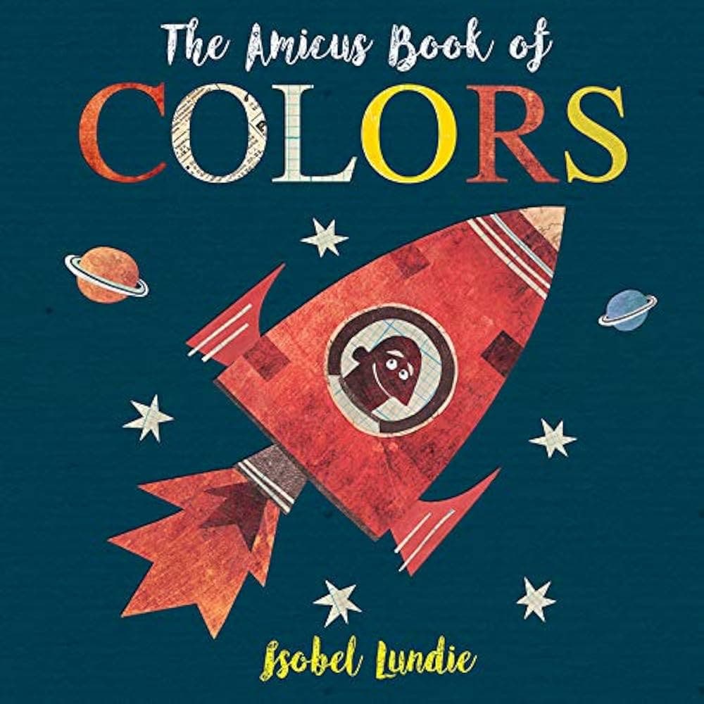 Colorful book cover with rocket and stars.