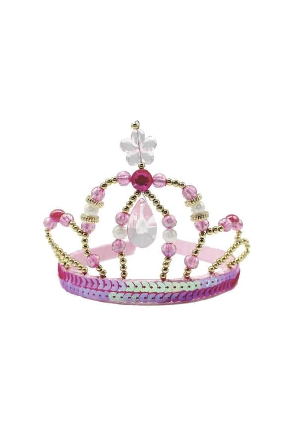 Colorful beaded princess tiara with pink gemstones.