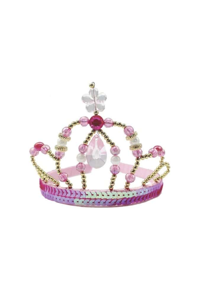 Colorful beaded princess tiara with pink gemstones.