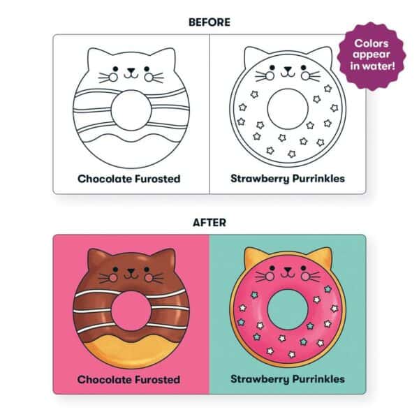 Color-changing donut cat designs before and after water.