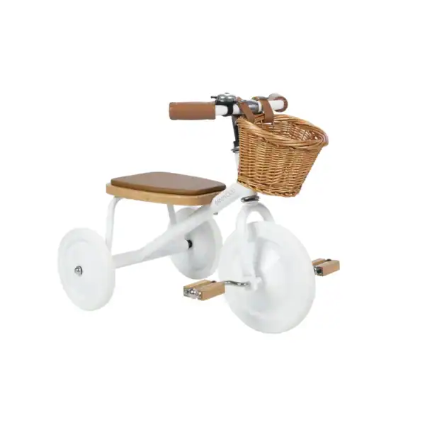 White tricycle with wicker basket and wooden seat