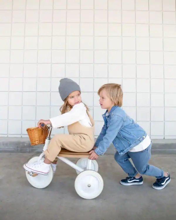 Two kids playing with a tricycle.