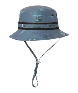 Blue bucket hat with jungle print and strap.