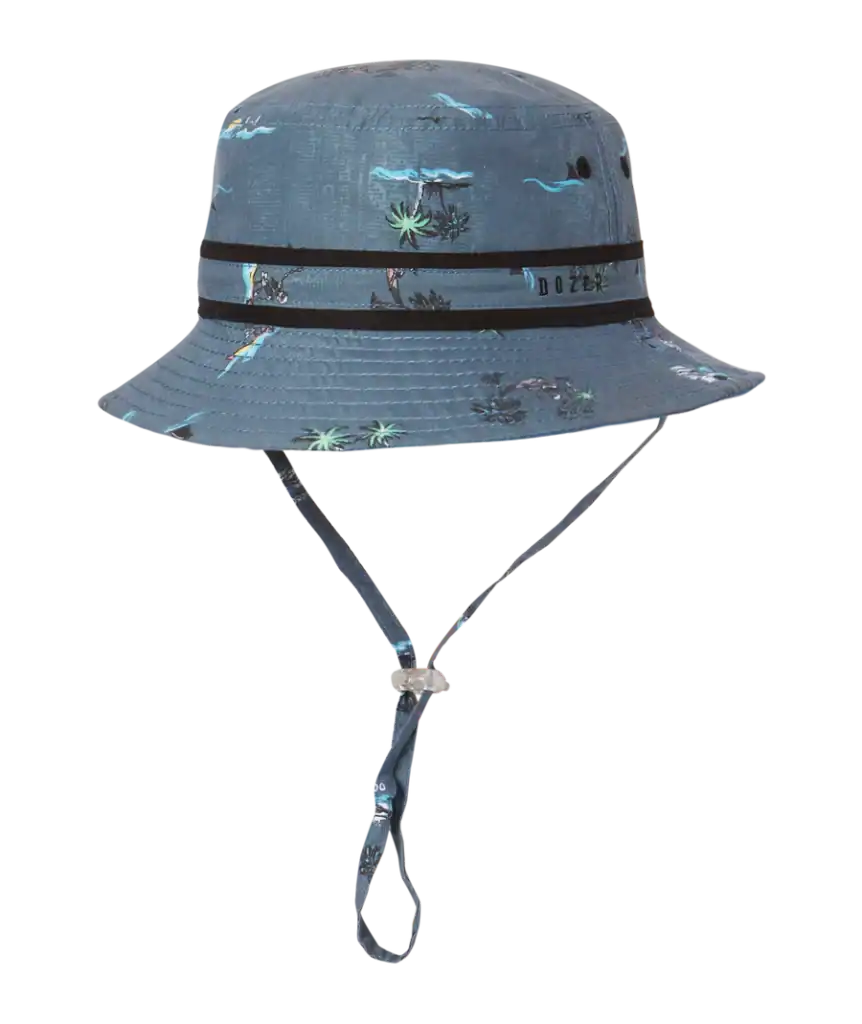 Blue bucket hat with jungle print and strap.