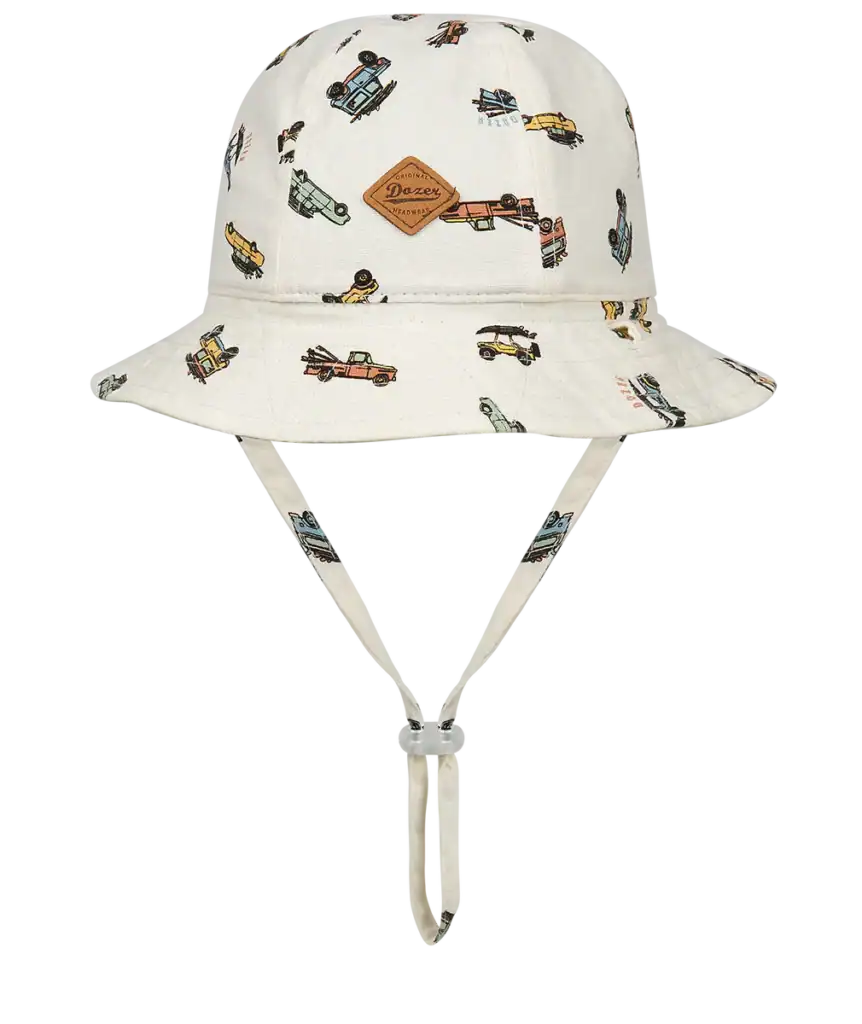White bucket hat with vintage car pattern