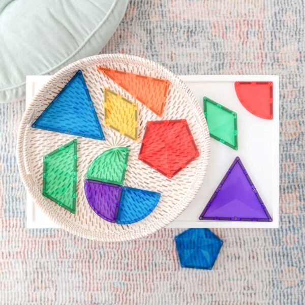 Colorful geometric shapes on a textured rug