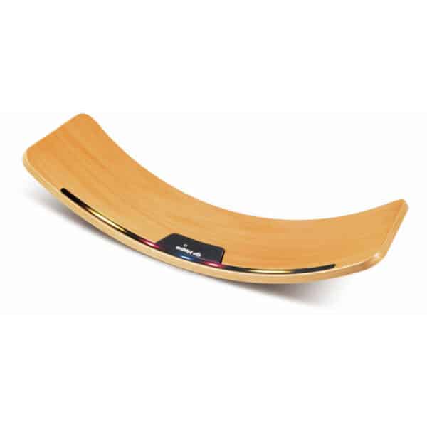 Wooden balance board for fitness exercises.