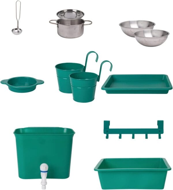 Collection of kitchenware including pots, ladle, trays.