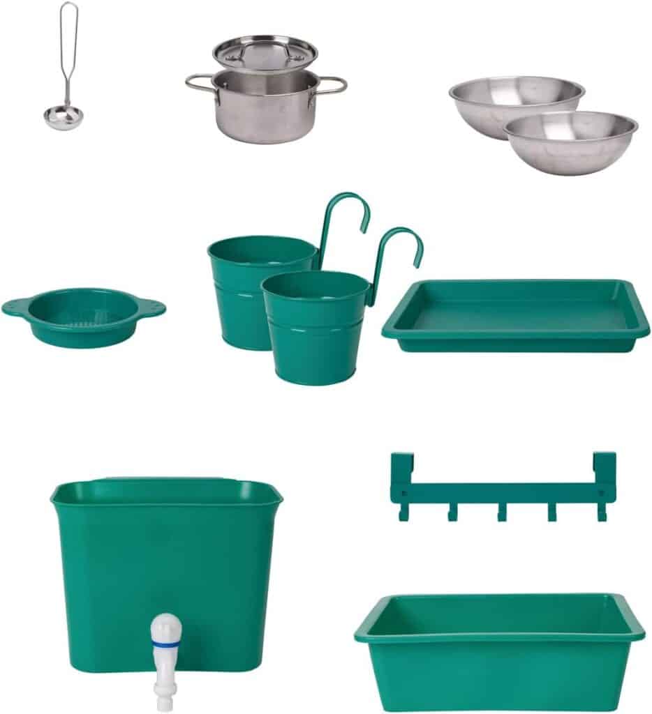 Collection of kitchenware including pots, ladle, trays.