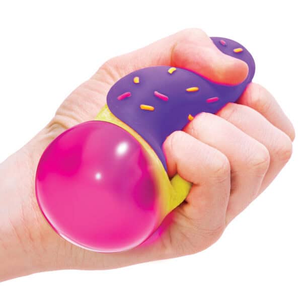 Hand squeezing colorful stress ball toy.