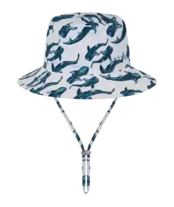Bucket hat with blue shark pattern design.