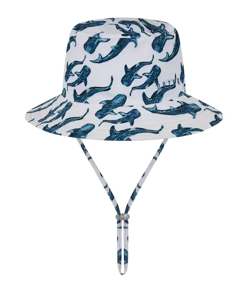 Bucket hat with blue shark pattern design.