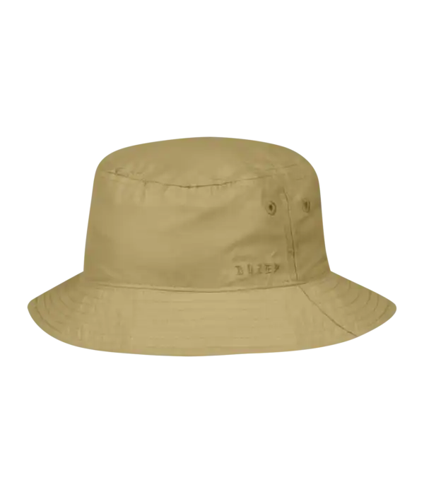 Khaki bucket hat with small logo.