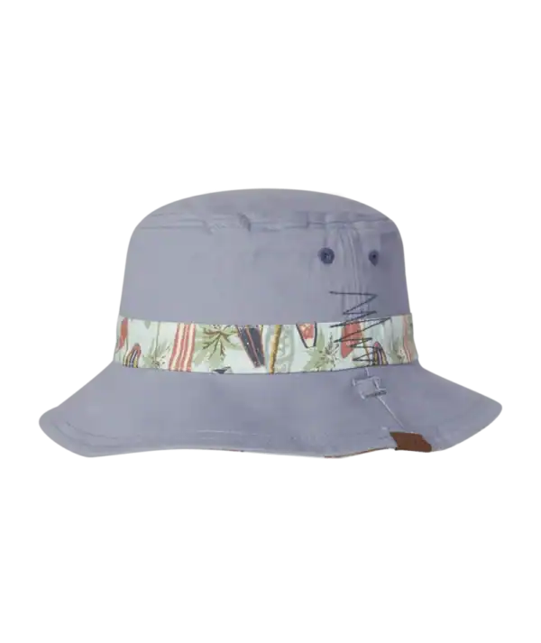 Purple bucket hat with surfboard pattern band.