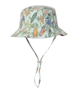 Colorful bucket hat with surfboard pattern and chin strap.