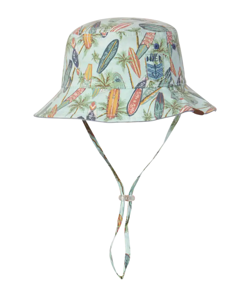 Colorful bucket hat with surfboard pattern and chin strap.