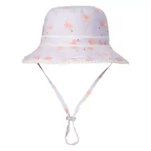 Striped bucket hat with pink flamingo pattern.