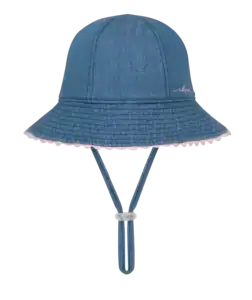 Blue denim baby hat with chin strap